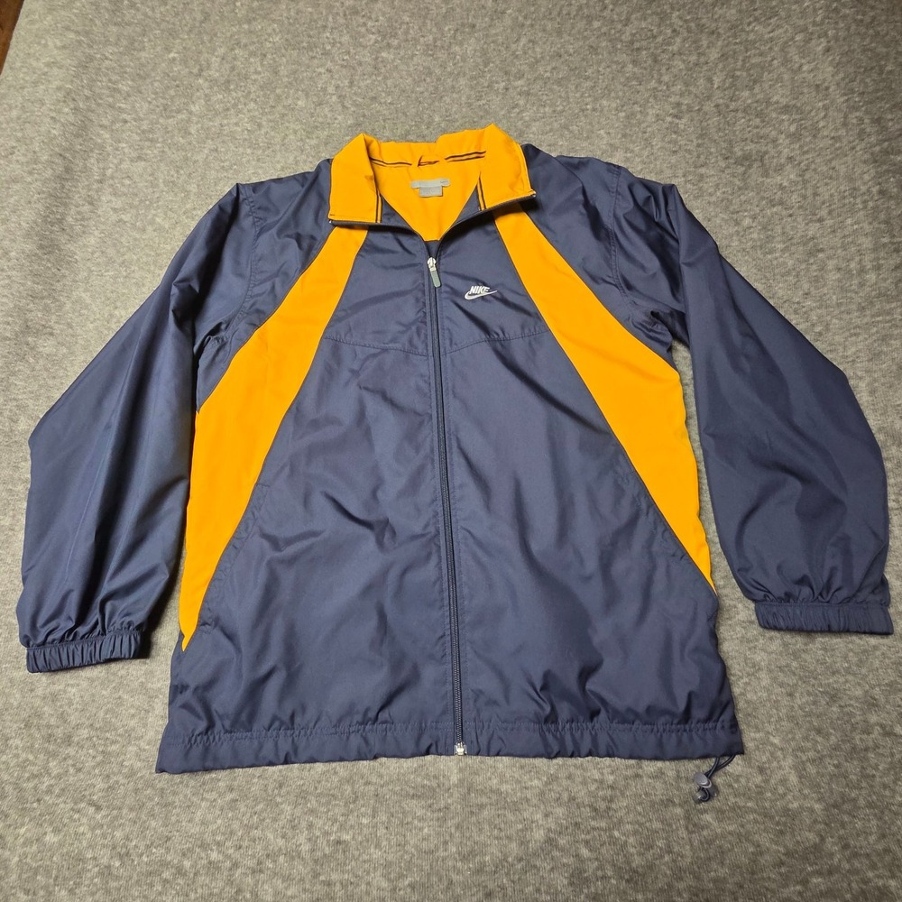 Nike Jacket Mens L Navy Yellow Windbreaker Full Zip Drawstring Y2k Silver Tag